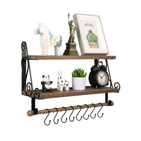 2-Tier Rustic Farmhouse Wood Wall Shelf with 8 Hooks - Picture 3 of 14